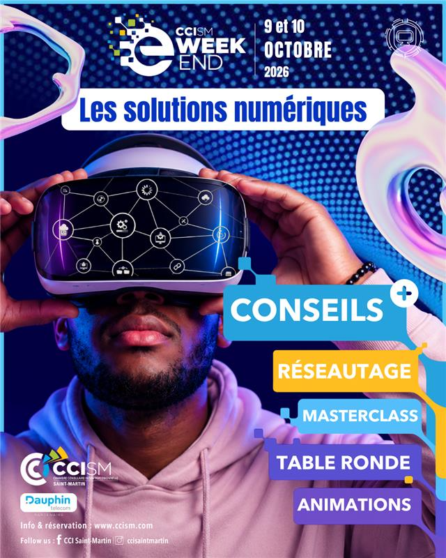 Affiche E-WEEKEND CCISM, les 9 et 10 octobre 2026 : conseils, réseautage, masterclass, table ronde et animations.